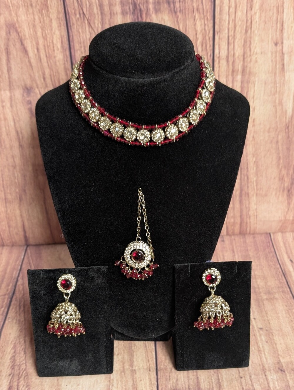 Indian Jewelry / Pakistani Jewelry / burgundy red & gold beads Necklace set